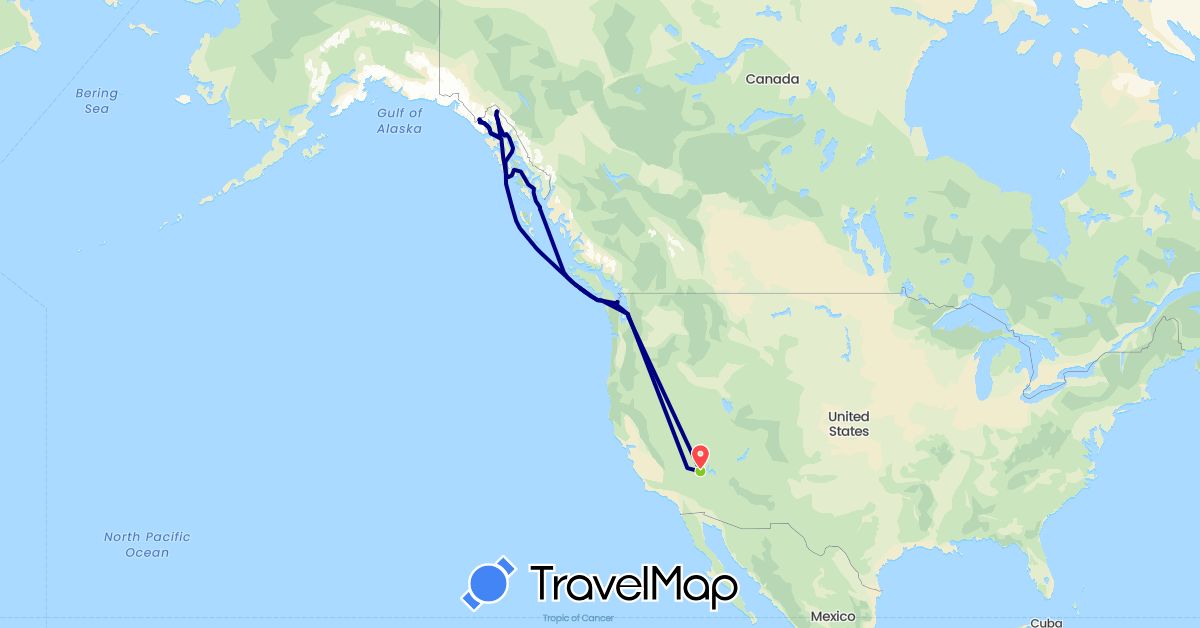 TravelMap itinerary: driving, hiking, boat, electric vehicle in Canada, United States (North America)